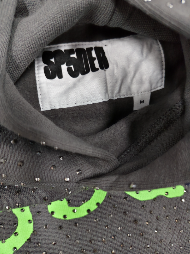 Grey/Green Rhinestone Sp5der Hoodie