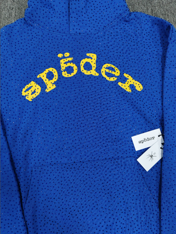 Blue/Yellow Rhinestone Sp5der Hoodie
