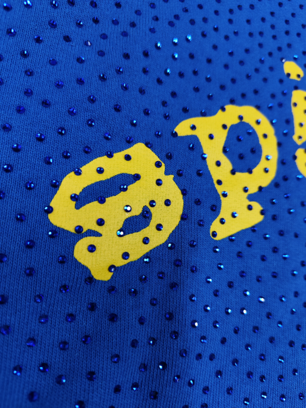 Blue/Yellow Rhinestone Sp5der Hoodie