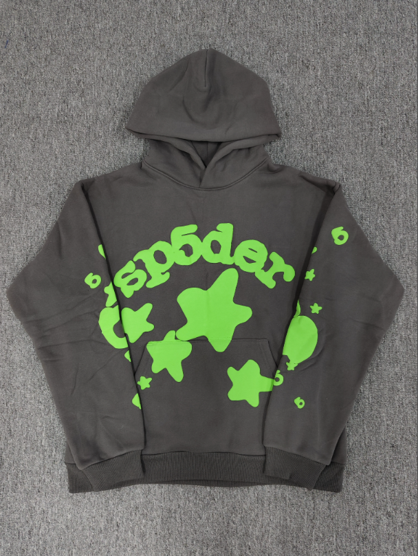 Grey / Green Star Sp5der Hoodie