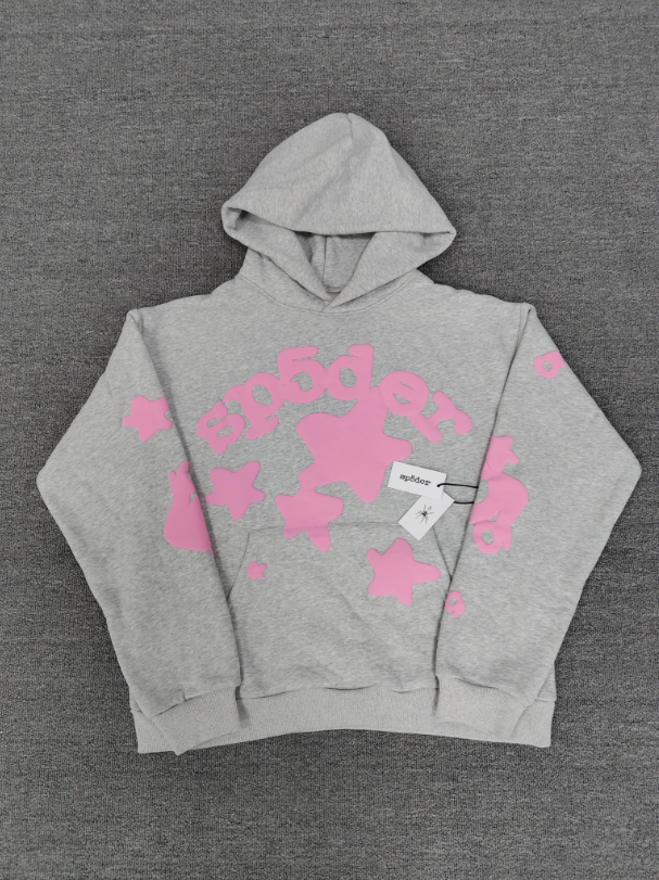 Grey / Pink Star Sp5der Hoodie